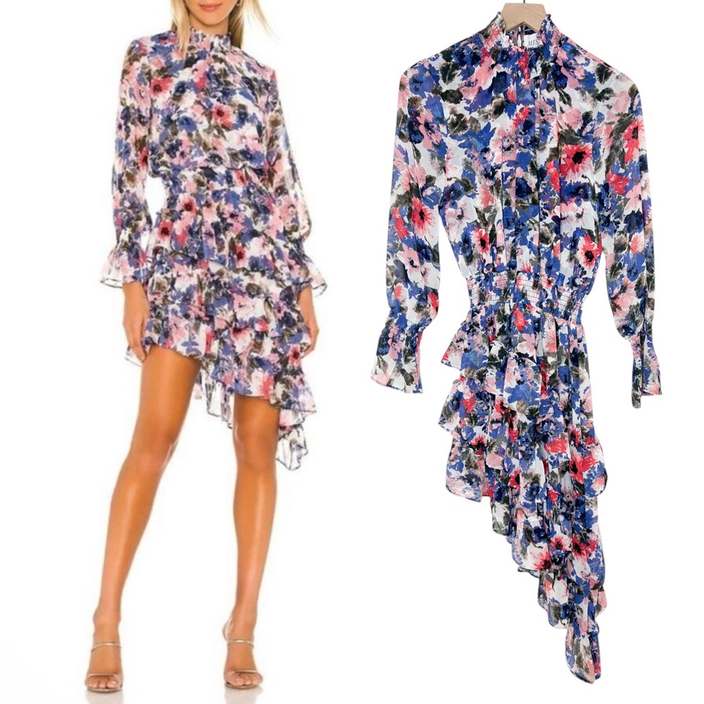 Misa Los Angeles x Revolve Savanna Floral Smocked Ruffle Dress Asymmetric XS